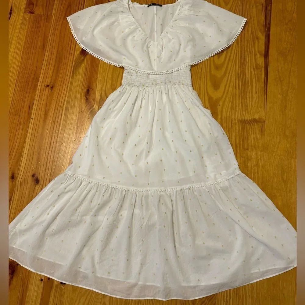 ZARA White Cotton Tiered Gold Metallic Polka Dot Prairie Ruffle Midi Dress | XS